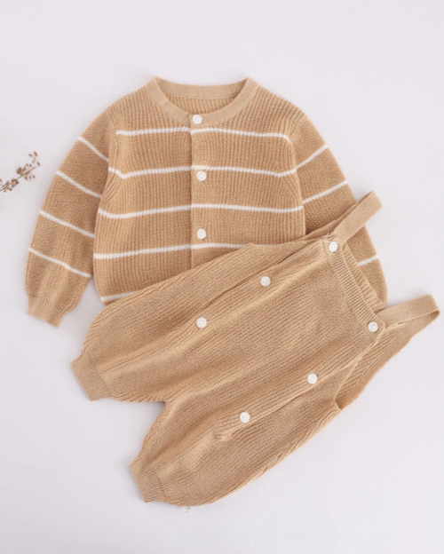 Baby Solid Color Knit Romper Combo Striped Graphic Cardigan Sets - 716252327467