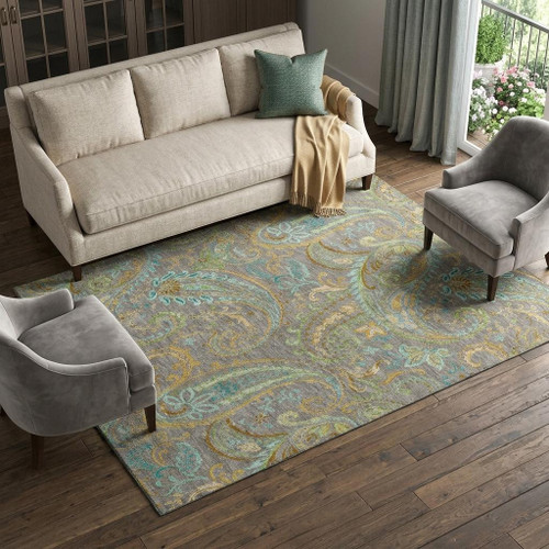 10' X 14' Taupe Green And Blue Paisley Washable Area Rug With UV Protection - 880016449952