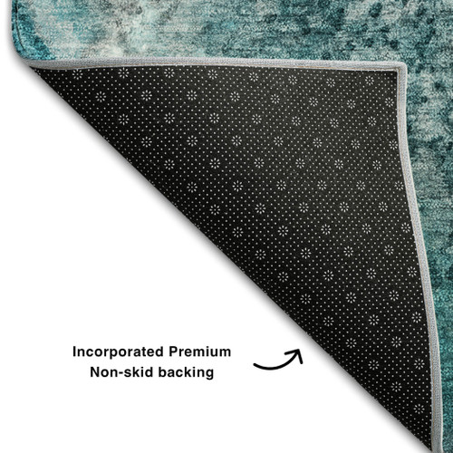 8' Teal And Ivory Abstract Washable Round Rug With UV Protection - 880024967202