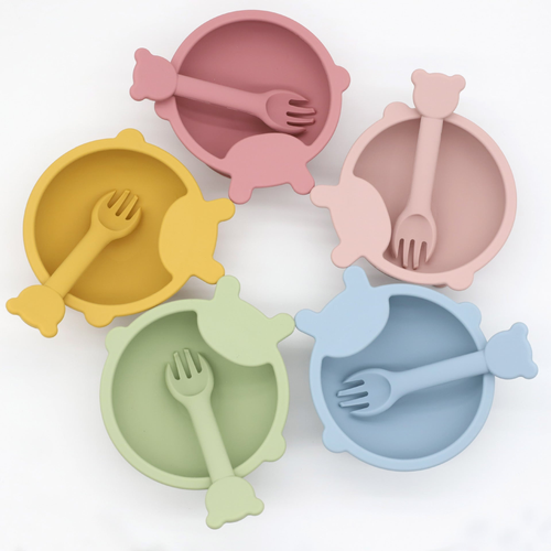 Baby Cartoon Bear Shape Complementary Food Training Silicone Bowl With Spoon Sets - 643491102442