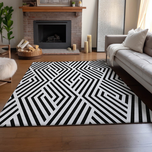 10' X 14' Black And Ivory Geometric Washable Area Rug With UV Protection - 880024858463