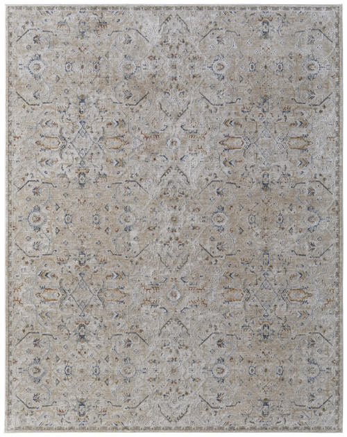 9' X 13' Ivory Taupe and Blue Abstract Power Loom Worn Faded Area Rug With Fringe - 608219399528