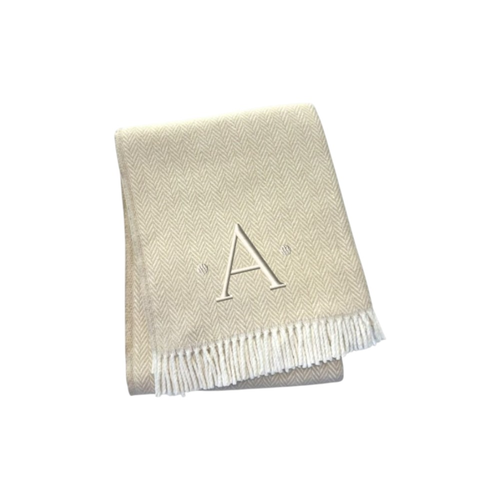 Herringbone Cotton Blend A Initial Throw Blanket with Tassels And Embroidery - 880016751093