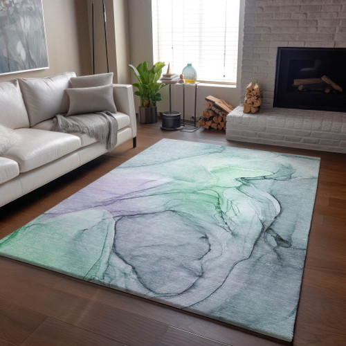 8' X 10' Blue And Green Abstract Washable Area Rug With UV Protection - 880016801859