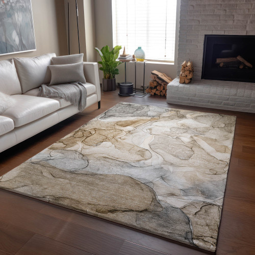 5' X 8' Beige And Ivory Abstract Washable Area Rug With UV Protection - 880016426946