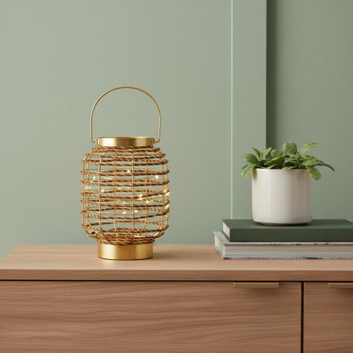 8" Distressed Gold Geometric Lantern Desk Lamp With Novelty Shade - 880016584226