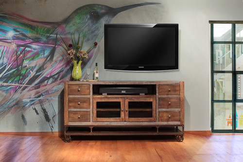 76" Brown Solid Wood Cabinet Enclosed Storage Distressed TV Stand - 606114745167