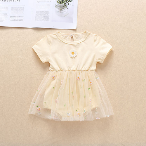 Baby Girl Embroidery Daisy Short-Sleeved Round Collar Dress - 643491121979