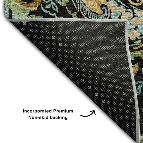 8' Black Blue And Green Paisley Washable Round Rug With UV Protection - 880016460162