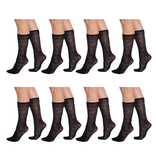 8 Pairs Sheer Knee High Socks for Women 15 Denier with Flower Patterned One - 742137060013