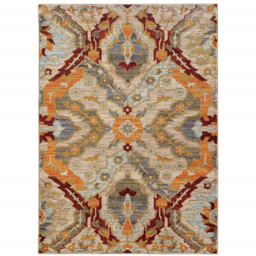 Homeroots Home Decor 10' x 13' Abstract Area Rug, Beige Orange Blue Gold Grey, Power Loom Stain Resistant