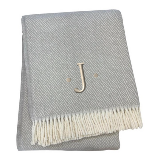 Herringbone Cotton Blend J Throw Blanket with Tassels Embroidery - 880016699685