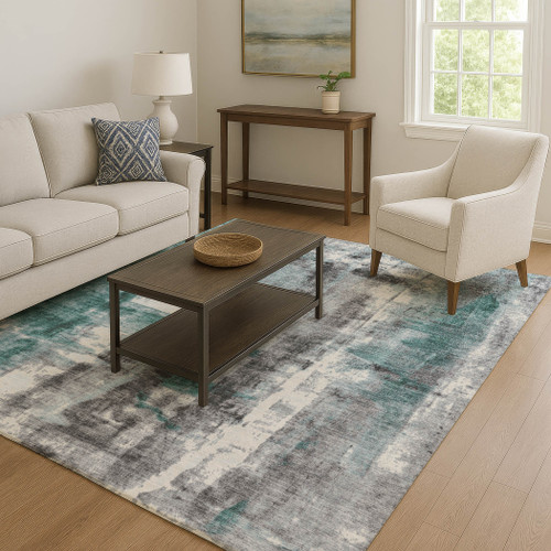 10' X 14' Teal Charcoal And Ivory Abstract Washable Area Rug With UV Protection - 880016477696
