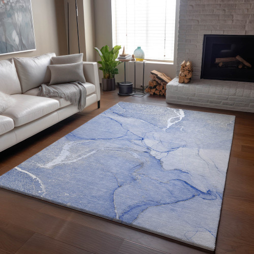 8' X 10' Blue And Ivory Abstract Washable Area Rug With UV Protection - 880016850130