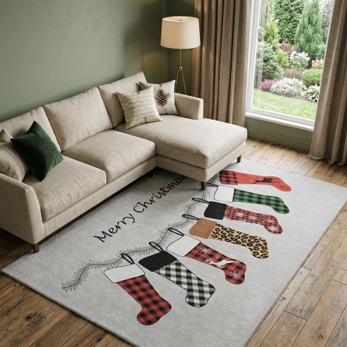 9' X 12' Gray Red And Green Christmas Stockings Washable Area Rug With UV Protection - 880024864839