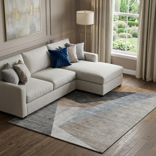 8' X 10' Taupe Blue And Beige Geometric Washable Area Rug With UV Protection - 880024707273