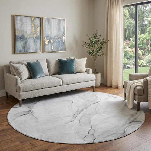 8' Gray And Ivory Abstract Washable Round Rug With UV Protection - 880024567990