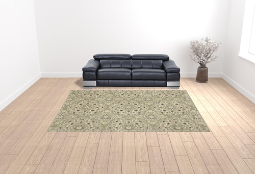 10' X 13' Green Ivory Grey And Tan Floral Power Loom Stain Resistant Area Rug