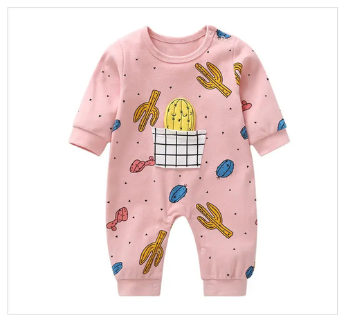 Baby Cactus & Dot Pattern Long Sleeves O-Neck Cotton Jumpsuit - 643491103166