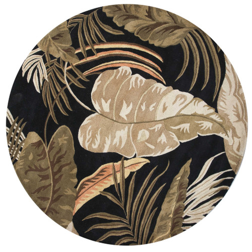 Homeroots Home Decor Midnight Black Hand Tufted Tropical Leaves Round Indoor Area Rug, Midnight Black, Hand Tufted