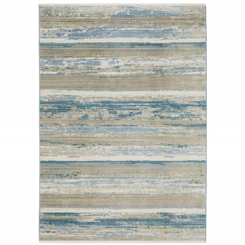 Homeroots Home Decor 8' x 11' Abstract Area Rug, Ivory Beige Grey Blue and Tan, Power Loom Stain Resistant with Fringe