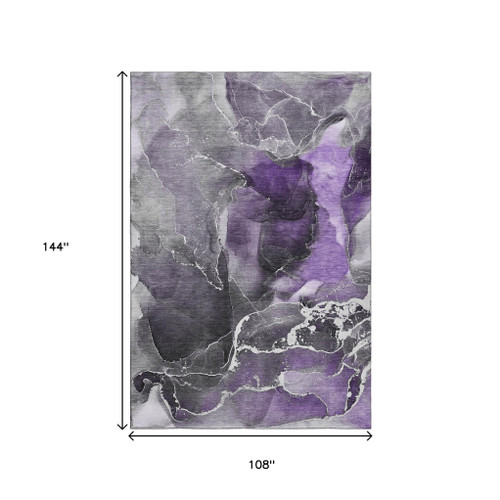9' X 12' Purple And Charcoal Abstract Washable Area Rug With UV Protection - 880024690179