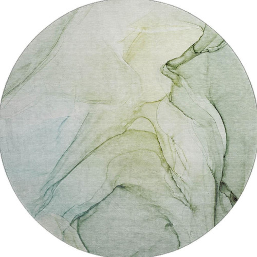 8' Green And Ivory Abstract Washable Round Rug With UV Protection - 880016690798