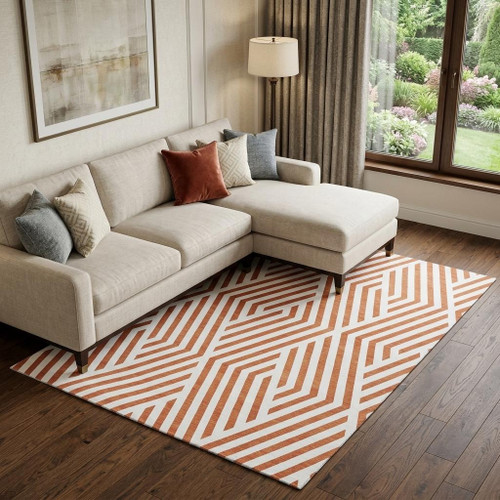 9' X 12' Rust And Ivory Geometric Washable Area Rug With UV Protection - 880016854701