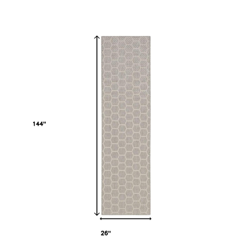 12' Gray And Ivory Geometric Indoor Outdoor Runner Rug - 880016842975