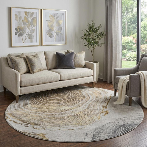8' Taupe Brown And Ivory Faux Bois Washable Round Rug With UV Protection - 880024864556
