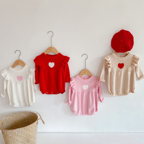 Baby Girl 1pcs Heart Embroide Pattern Ruffle Long Sleeve Knit Onesies - 643491119594