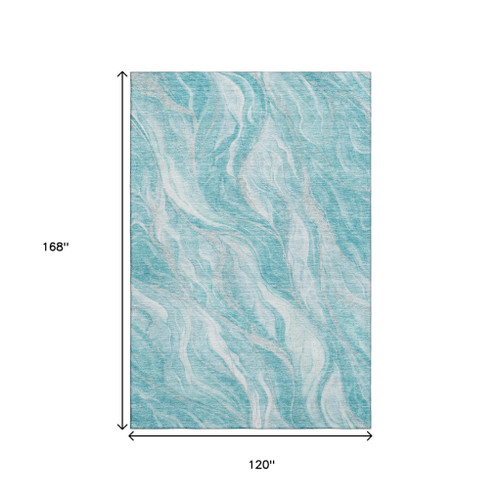 10' X 14' Teal And Ivory Abstract Washable Area Rug With UV Protection - 880016686128