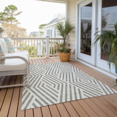 10' X 14' Gray and Ivory Geometric Washable Non Skid Indoor Outdoor Area Rug