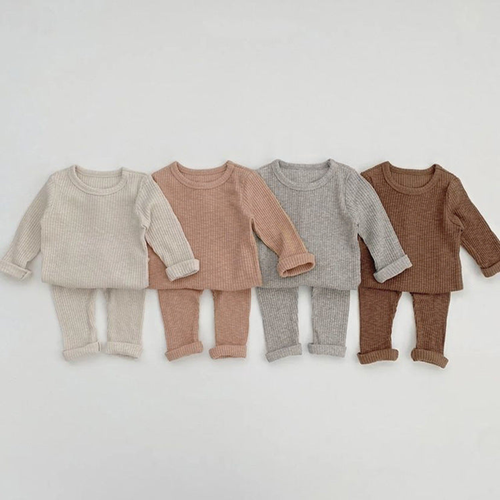Baby Solid Color Soft Cotton Pajamas Home Clothes Sets - 643491111192