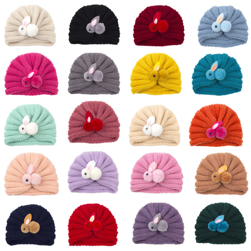 Newborn Baby Solid Color Rabbit Patched Design Wool Knitting Tire Caps - 716252321755