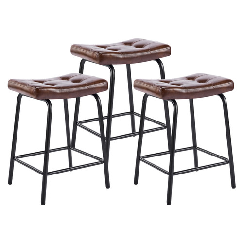Set of Three 23" Brown and Black Faux Leather and Metal Counter Height Bar Chairs - 880024500904