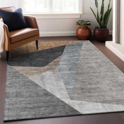 9' X 12' Taupe Blue And Beige Geometric Washable Area Rug With UV Protection - 880024823263