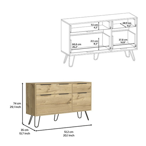 47" Natural Wood Four Drawer Double Dresser