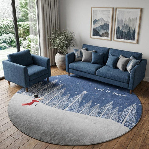 8' Blue And White Snowman Washable Round Rug With UV Protection - 880024673271