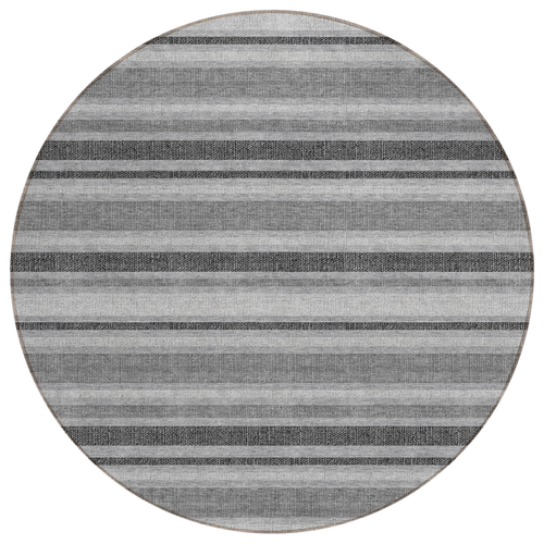 8' Round Gray and Black Round Striped Washable Non Skid Indoor Outdoor Area Rug - 608219013653