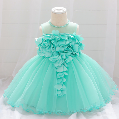 Baby Girl Petal Patched Design Sleeveless Full Moon Christening Mesh Dress - 643491116678