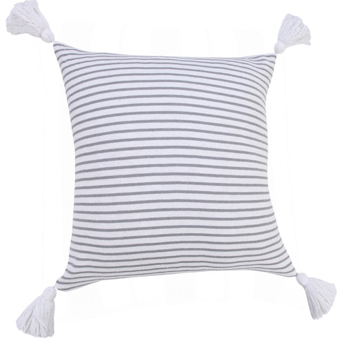 20" Gray And White Striped Cotton Throw Pillow Cover with Tassels - 880024976525