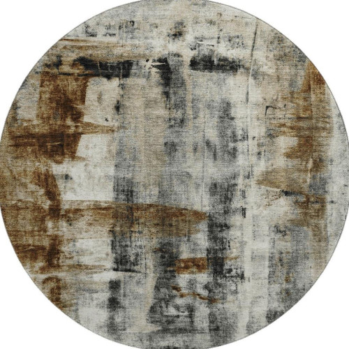 8' Taupe Charcoal And Brown Abstract Washable Round Rug With UV Protection - 880016613339