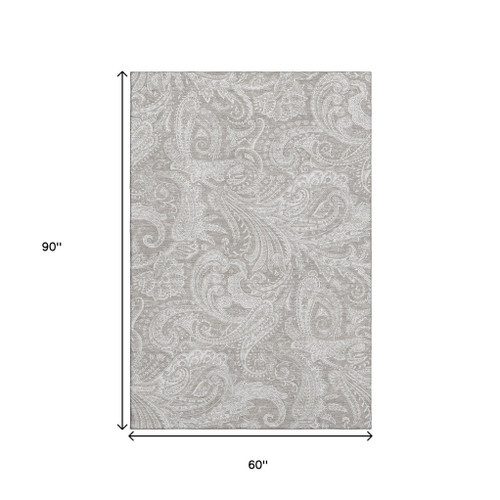 5' X 8' Taupe And Ivory Paisley Washable Area Rug With UV Protection - 880024583853