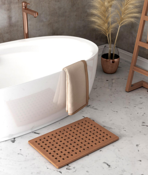 16" Natural Teak Checkered Non Slip Bath Mat - 880024569741