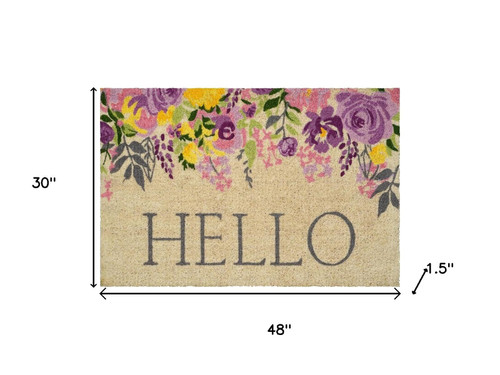 30" X 48" Brown Gray And Purple Floral Hello Outdoor Coir Door Mat - 880024905990