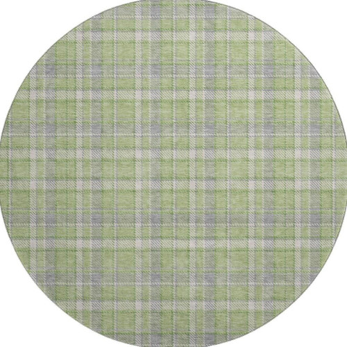 8' Green And Gray Plaid Washable Round Rug With UV Protection - 880024513423