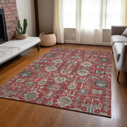 5' X 8' Red Beige And Charcoal Oriental Washable Indoor Outdoor Area Rug - 608219154769