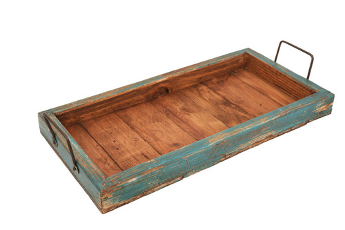 21" Natural And Turquoise Solid Wood Handmade Serving Tray With Handles - 880016426717