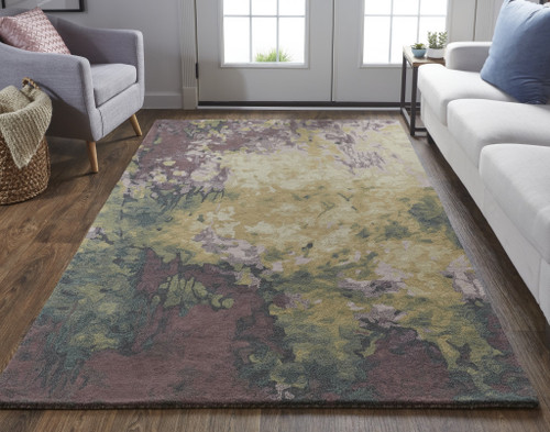 9' X 12' Gold Purple And Green Wool Abstract Tufted Handmade Stain Resistant Area Rug - 606114120162